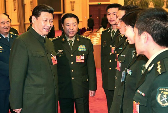 中共中央總書記、中共中央軍委主席習近平出席十二屆全國人大一次會議解放軍代表團全體會議并發(fā)表重要講話。