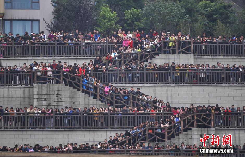 重慶上萬粉絲在南濱路等待《奔跑吧兄弟》節(jié)目的錄制。