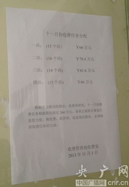收費處辦公區(qū)張貼的收費任務分配表(央廣網記者 王利 攝)