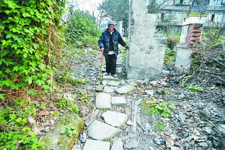 昨日，大渡口區(qū)，徐建高老人走在他鋪成的石子路上。 記者 張路橋 攝