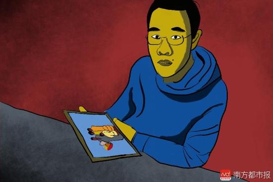 王煥凱看著一家人幸福的合照，黯然神傷，悔不當(dāng)初。（畫作者：吳斌）