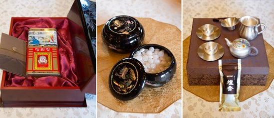 　當(dāng)?shù)貢r間2014年7月4日，韓國總統(tǒng)樸槿惠向中國國家主席習(xí)近平贈送的紅參和茶具等。