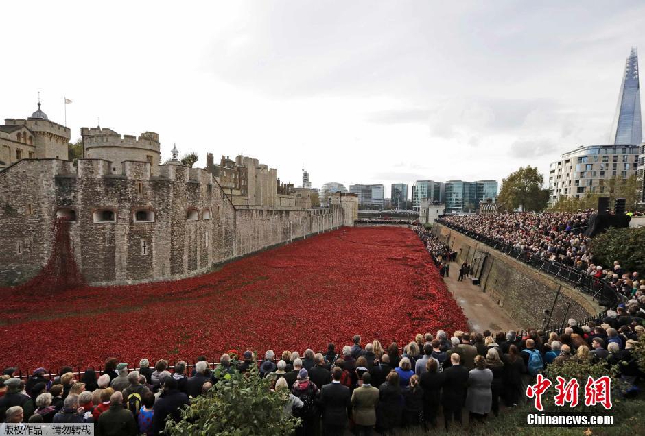 當(dāng)?shù)貢r間2014年11月10日，英國倫敦，倫敦塔周邊“種植”了888246朵陶瓷材質(zhì)的罌粟花，以此紀(jì)