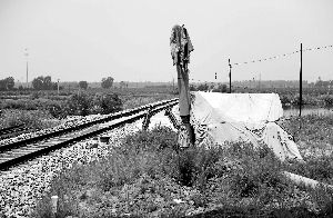 6月30日， 農(nóng)戶用搭建的窩棚和電線桿阻擋了鐵路的施工。新華社發(fā)